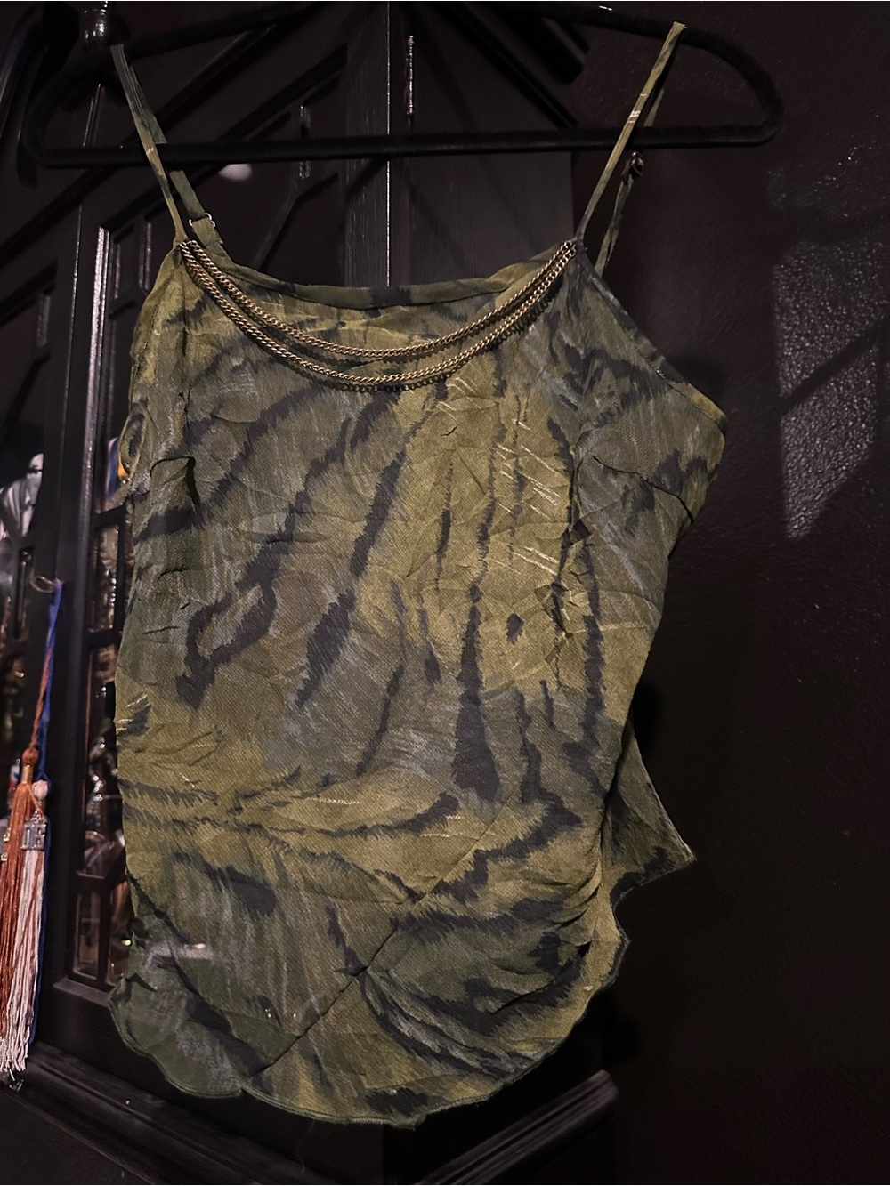 Chain-Trim Olive Green Cropped Cami Top